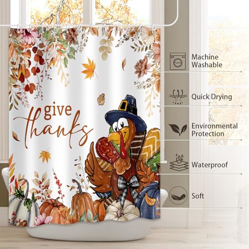 Thanksgiving Turkey Shower Curtain, Waterproof Autumn Fall Bathroom Decor