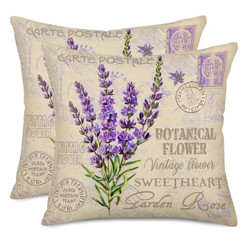 Fukeen Vintage Lavender Throw Pillow Covers, 18x18 French Country Set of 2