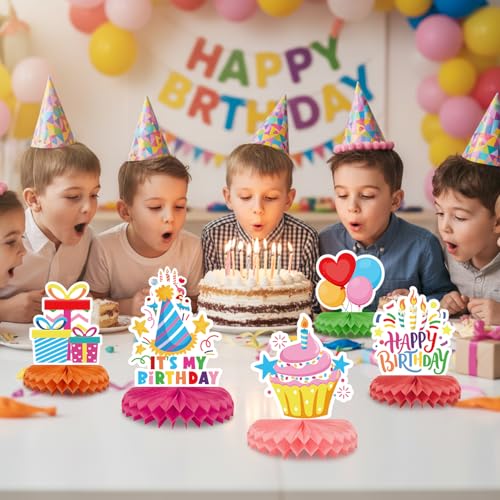Colorful 9-Piece Birthday Table Decorations - Honeycomb Centerpieces