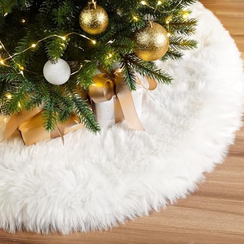 White Faux Fur Christmas Tree Skirt 48 Inch Plush Snow White Holiday Decor