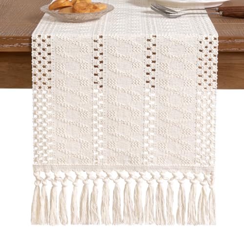Boho Farmhouse Table Runner Fall Decor Cream 12x72 Inches - Rustic Home Accessory