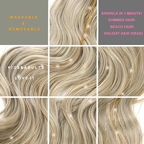 Clip in Hair Tinsel Extensions 23.6 Inch 12 Pcs Gold Fairy Hair Sparkle Kit