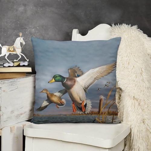 Flying Mallard Ducks Velvet Throw Pillow Cover 18x18 - Double-Sided