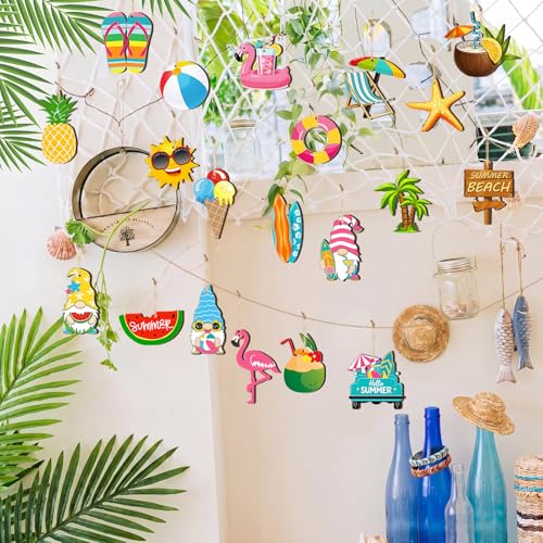 Summer Tree Ornaments Set - 40 Wooden Holiday Decorations for Beach, Gnome, Flamingo, Hawaiian Party