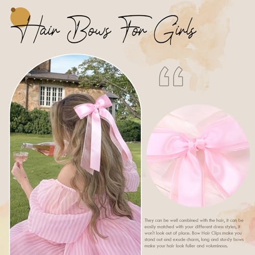 VOBOBE 2PCS Pink Hair Bows with Long Tails Satin Silk Ribbon Hair Clips for Women and Girls