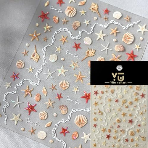 5D Embossed Starfish Seashell Nail Stickers - Summer Ocean Self-Adhesive Decals (2 Sheets)