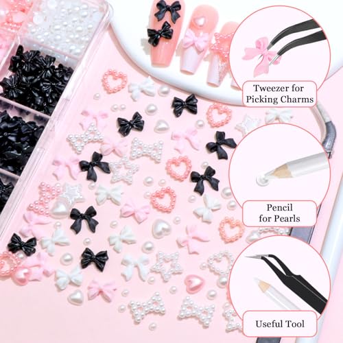 RODAKY Bow Nail Charms with Flatback Pearls and Resin Bowknot Set