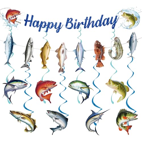 Fishing Themed Birthday Party Decoration Set - Banners and Hanging Swirls