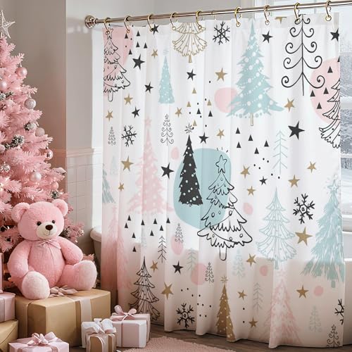 Lindameler Christmas Shower Curtain - Pink Pine Tree Design, 72x72 Waterproof