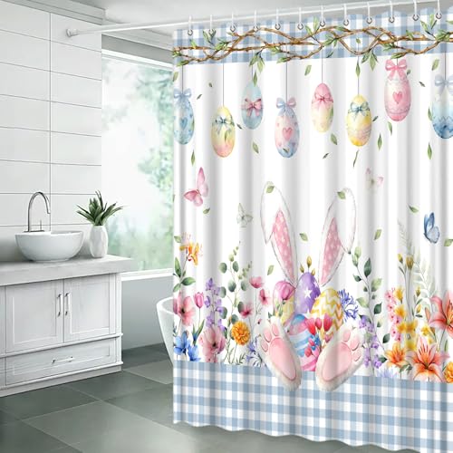 AEMBEE Easter Shower Curtain - Cute Bunny & Floral Blue Plaid, 70"x70"