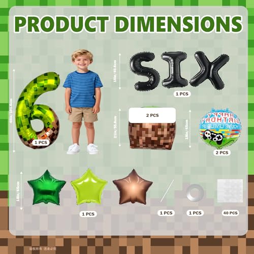 40-Inch Giant Green Pixel Miner Number 6 Balloons - 15 Pack