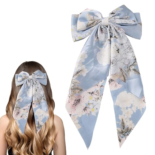JazSwirl Blue Floral Hair Bow Clip Large Long Ribbon Hair Accessory