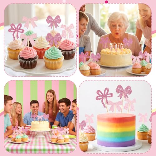24 Pink Bow Cupcake Toppers - Pre-Assembled Party Decorations