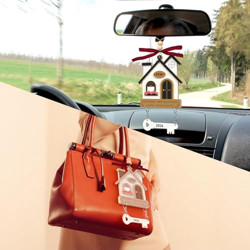 2Pcs Wooden House Warming Gifts First Home Ornament with Key Design - Brown & Blue