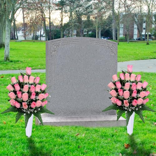 Artificial Cemetery Flowers with Vases - 2 Sets of Memorial Rose Bouquets