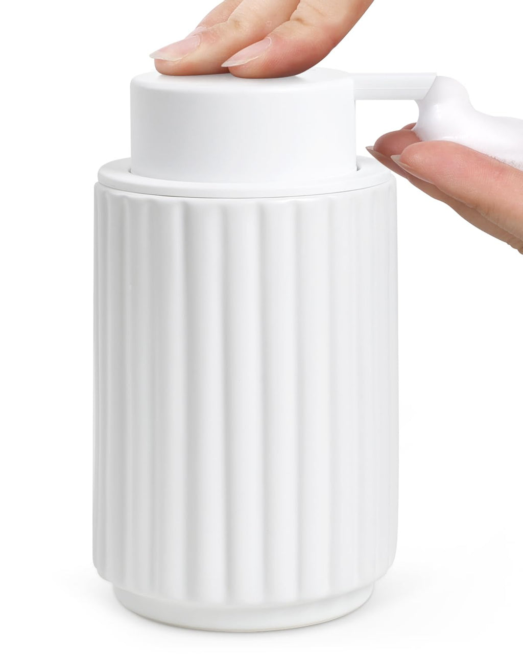 Foaming Soap Dispenser, White Ceramic Refillable Foam Hand Soap Pump for Bathroom Kitchen, 10.5OZ Lotion Dispenser, Foaming Dish Soap Dispenser, Modern Stripe Design, ANTIS'S HOME