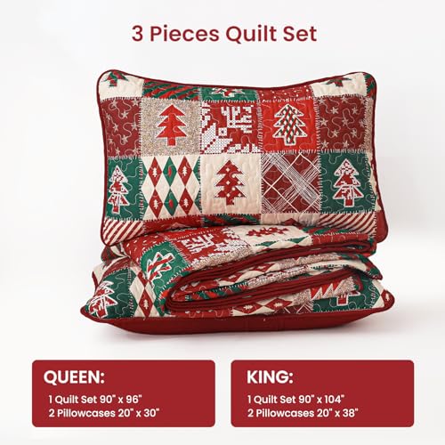 Christmas Quilt Queen Size 3-Piece Bedspread Set with Tree Design, Red & Green, 96x90 Inches - Merry Christmas Variation