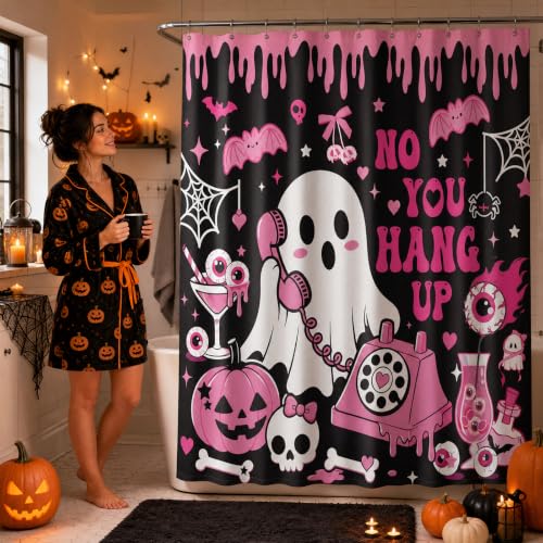 VISSTREE Halloween Pink Ghost Shower Curtain - Cute & Waterproof