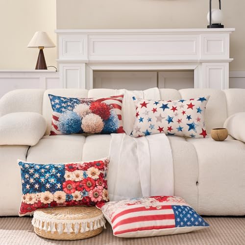 Patriotic Floral American Flag Lumbar Pillow Cover 12x20 Farmhouse Decor