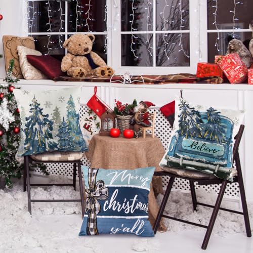 Heirloom Haven 4-Pack Christmas Pillow Covers 18x18in Blue Oil Painting Holiday Decor