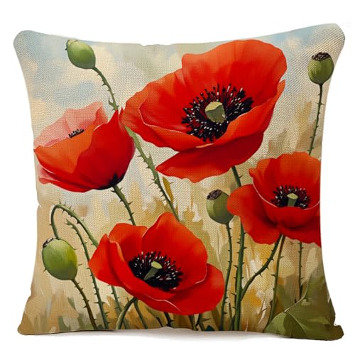 LAVVIEGO 18x18in Red Poppies Throw Pillow Cover - Floral Linen Blend Cushion