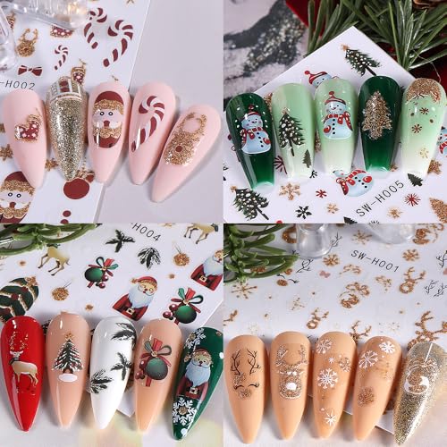 Christmas Nail Art Stickers 3D Self-Adhesive Winter Decals - 8 Sheets
