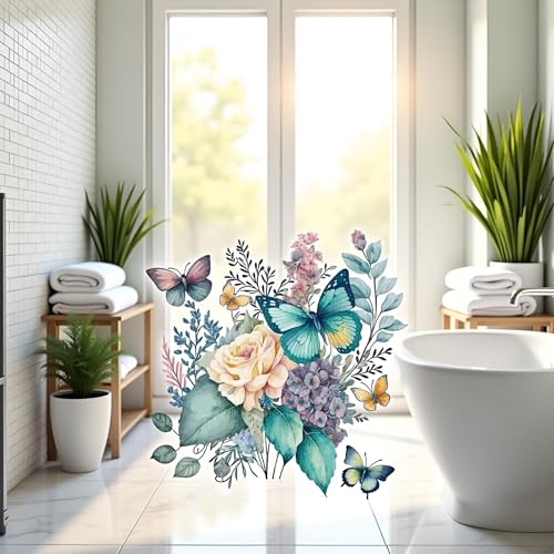 Colorful Butterfly & Peony Toilet Seat Lid Decals Waterproof Wall Stickers