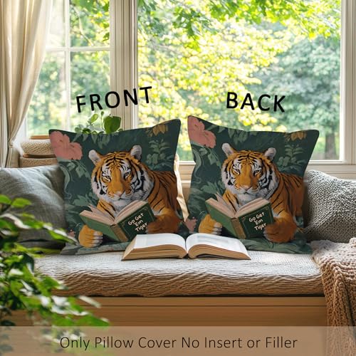 Whimsical Tiger Reading Throw Pillow Cover - 18x18 Inch, Funky Design for Sofa & Office