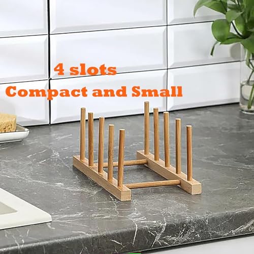 Bamboo Wooden Dish Rack Set of 4 - Space Saver for Plates, Bowls & Lids