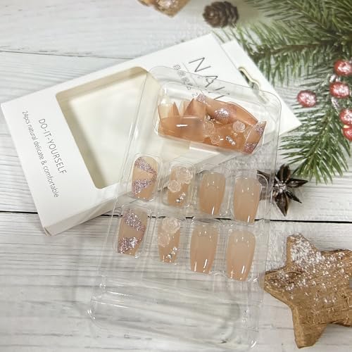 Press on Nails Medium Coffin Nude French Camellia Pearl False Nails