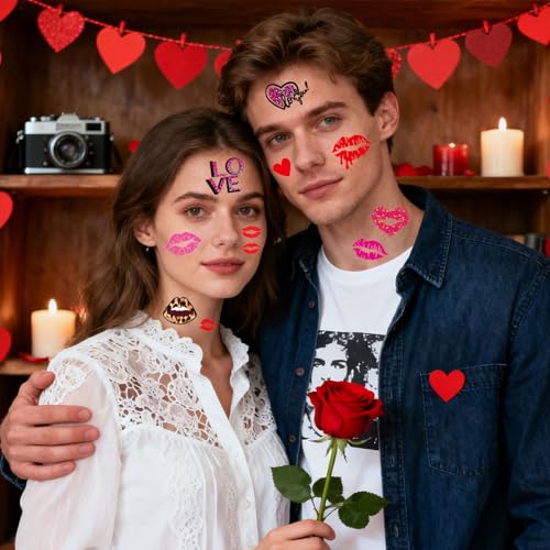 WIWUFUE Valentine's Day Temporary Tattoos 6 Sheets, Waterproof Romantic Hearts & Sexy Lips Body Art Stickers for Couples