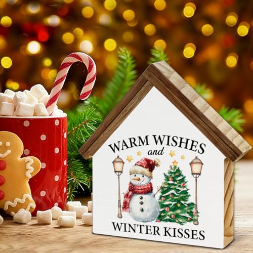 Nurawo R Christmas House Shape Wooden Sign - Snowman Warm Wishes Holiday Decor