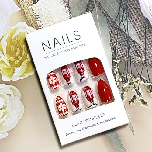 Christmas Press On Almond False Nails Glossy Acrylic Winter Fake Nails