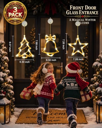 Rechargeable Christmas Window Lights with Bell Tree & Star Designs - Warm White, 3 Pack