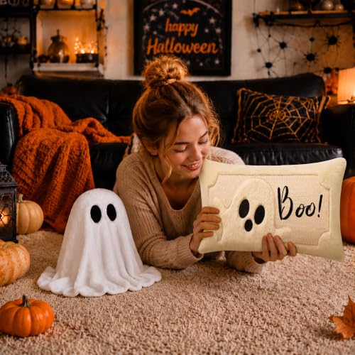Vintage Halloween Ghost Faux Rabbit Fur Lumbar Pillow Cover 12x20