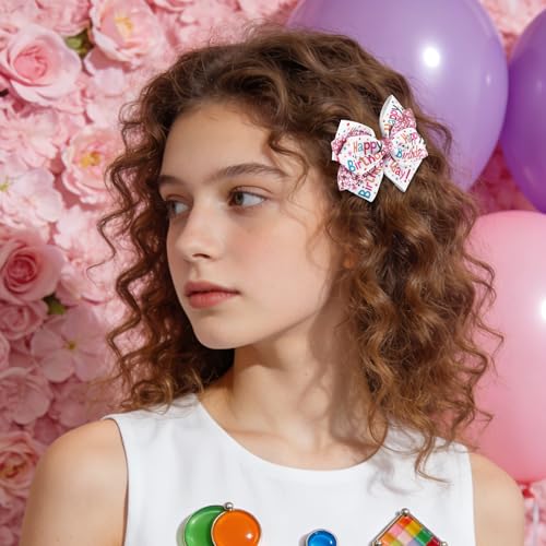 Happy Birthday Hair Bows Clip for Girls 3.54 Inch Glitter Sequin Ribbon 2PCS