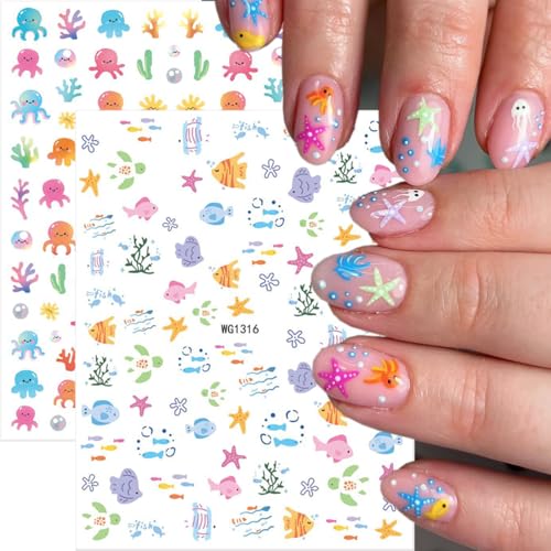 GUAACCB 6 Sheets Summer Nail Stickers 3D Self-Adhesive Beach Shell Decals