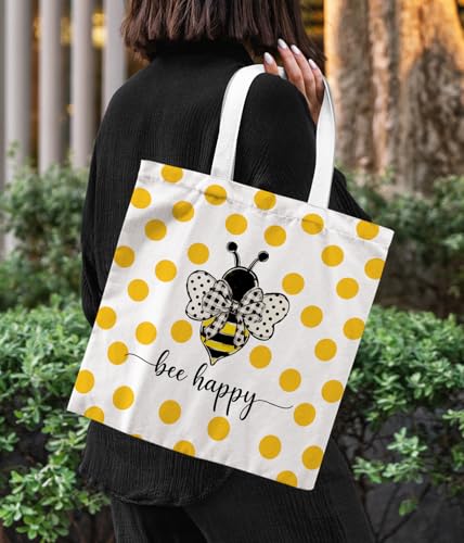 Bee Happy Canvas Tote Bag - Inspirational Reusable Grocery Bag