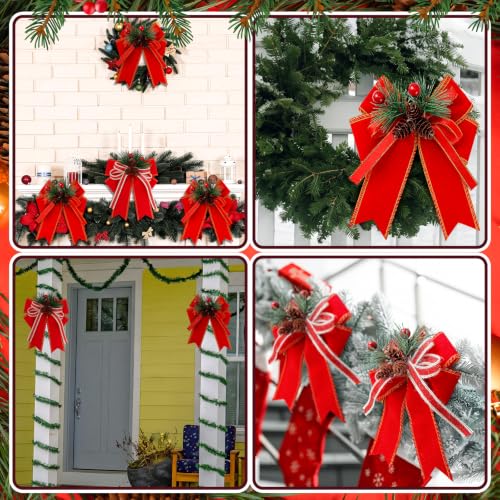 Christmas Red Velvet Bows with Pine Cones Pine Needles and Berries - 12 Pack