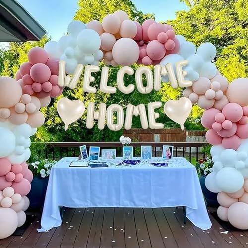WELCOME HOME Foil Balloon Banner Set with Heart Balloons - 16 Inch Cream White Decor for Homecoming & Parties