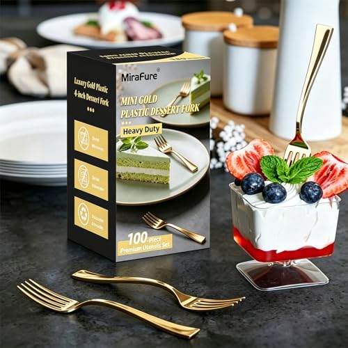 MiraFure 4-Inch Gold Mini Plastic Forks - 100 Pack Heavy Duty Appetizer Forks