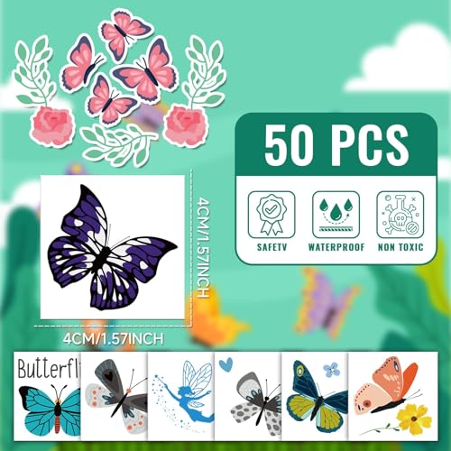 EMOME 50 Sheets Butterfly Temporary Tattoos for Girls Birthday Party Favors