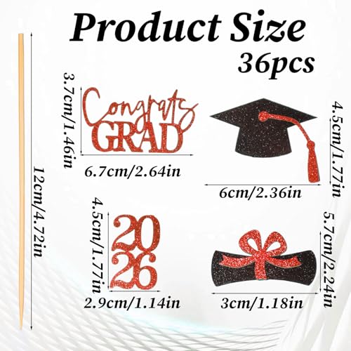 36 Pcs 2026 Graduation Cupcake Toppers Glitter Red And Black Party Picks