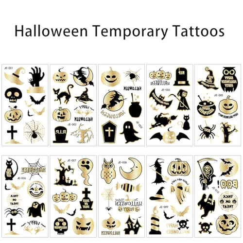 KSTBJN Halloween Temporary Tattoos Gold Fake Tattoo Set for Face and Body