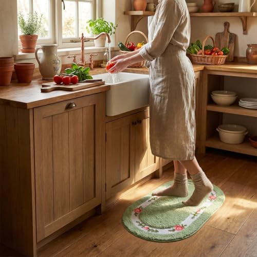 QMEAKMONY Green Rose Flower Shaggy Bathroom Rug 1'4" x 2' Oval