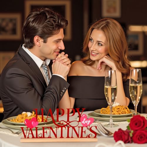 Happy Valentine's Day Metal Sign with Wooden Base - Romantic Decor