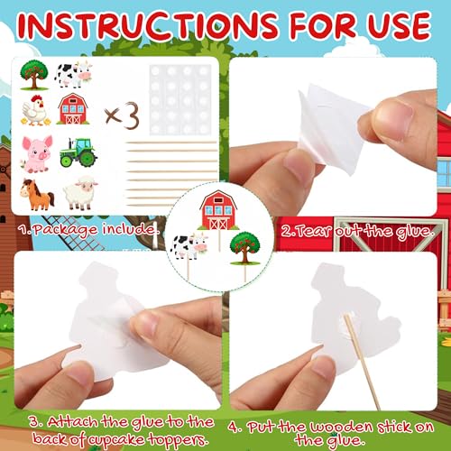 Farm Animal Cupcake Toppers 24 pcs - Farm Theme Party Decorations with Cow, Sheep, Chicken, Horse, Pig, Tractor, Tree & House Design