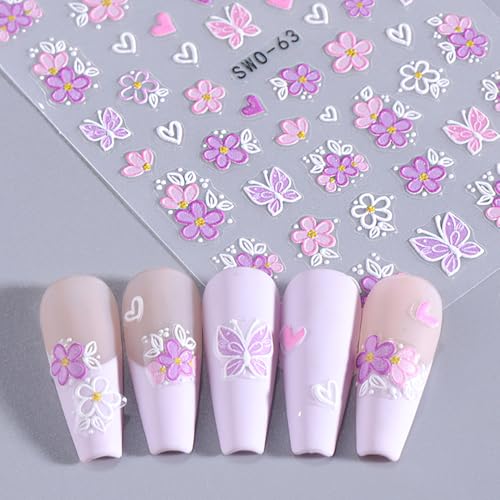 KAICCOSO 5D Embossed Floral Nail Art Stickers Butterfly Daisy Decals 2Pcs