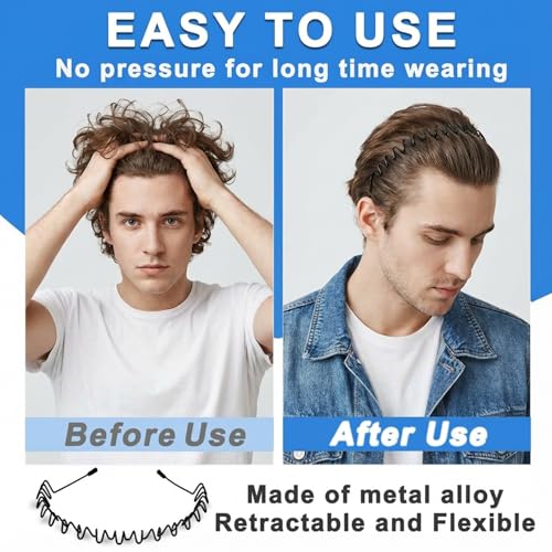 Metal Headband for Men, Non-Slip Wave Hair Band with Adjustable Flex Grip