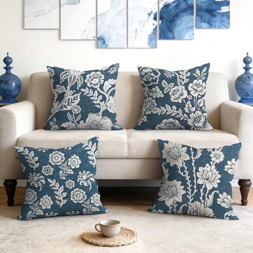 Navy Blue Floral Velvet Throw Pillow Covers - Set of 4, 18x18
